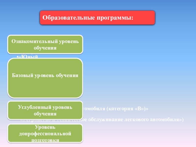 Инновационный образовательный продукт Детско-юношеская автошкола Академия дорожной безопасности - элемент техносферы учреждения ДОД Ознакомительный уровень обученияБазовый уровень обученияУглубленный уровень обученияУровень допрофессиональной подготовки Ознакомительный уровень обученияБазовый уровень обученияУглубленный уровень обученияУровень допрофессиональной подготовки