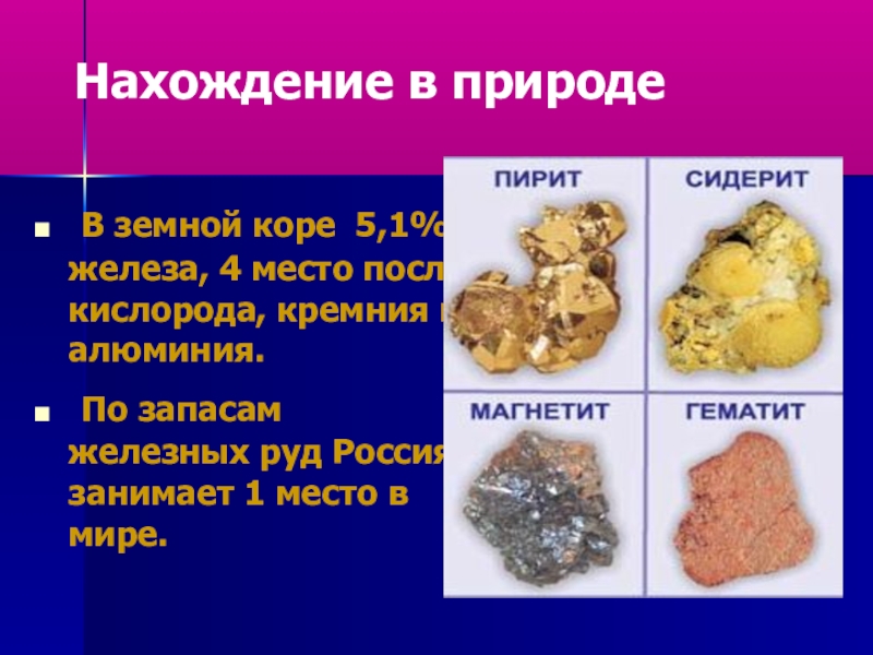 Презентация к уроку по химии на тему Железо (9 класс) Нахождение в природе В земной коре 5,1% железа, 4 место Нахождение в природе В земной коре 5,1% железа, 4 место после кислорода, кремния и алюминия.