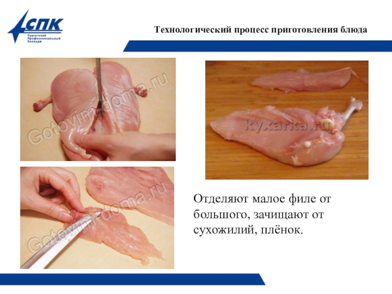Презентация Технология приготовления блюда Шницель по-столичному со сложным гарниром выполнила студентка Стэнеску Виктория Викторовна Технологический процесс приготовления блюдаОтделяют малое филе от большого, зачищают от сухожилий, плёнок. Технологический процесс приготовления блюдаОтделяют малое филе от большого, зачищают от сухожилий, плёнок.