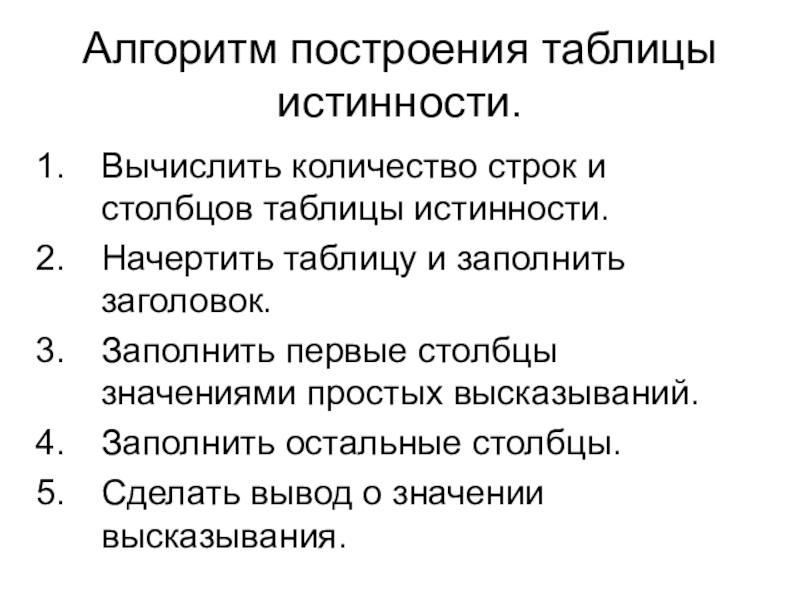 Презентация по информатике по теме логика Алгоритм построения таблицы истинности.Вычислить количество строк и столбцов таблицы истинности.Начертить таблицу Алгоритм построения таблицы истинности.Вычислить количество строк и столбцов таблицы истинности.Начертить таблицу и заполнить заголовок.Заполнить первые столбцы значениями