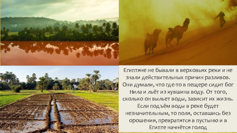 Презентация по истории на тему Религия Древних египтян (5 класс) Египтяне не бывали в верховьях реки и не знали действительных причин Египтяне не бывали в верховьях реки и не знали действительных причин разливов. Они думали, что где-то в
