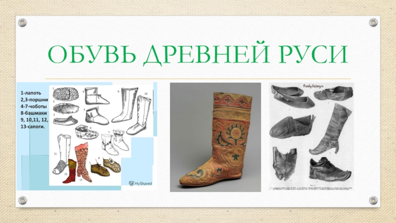 Презентация по истории на тему Повседневная жизнь человека(6 класс) ОБУВЬ ДРЕВНЕЙ РУСИ ОБУВЬ ДРЕВНЕЙ РУСИ