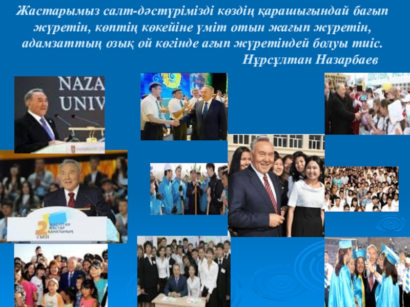 Тарих пәнінең презентация тақырыбы: Ата-заңымыз Жастарымыз салт-дәстүрімізді көздің қарашығындай бағып жүретін, көптің көкейіне үміт отын жағып Жастарымыз салт-дәстүрімізді көздің қарашығындай бағып жүретін, көптің көкейіне үміт отын жағып жүретін, адамзаттың озық ой көгінде ағып
