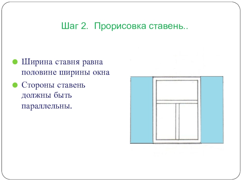 Презентация по геометрии на тему Воплощение геометрии в орнаменте наличников и ставен окон села Пчелиновка Бобровского района Воронежской области 2. Нарисуй ставни Ширина ставня равна половине 2. Нарисуй ставни Ширина ставня равна половине ширины окнаСтороны ставень