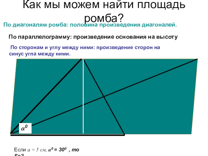 Перезнтация Свойства треугольника при решении задач Как мы можем найти площадь ромба? По диагоналям ромба: половина произведения Как мы можем найти площадь ромба? По диагоналям ромба: половина произведения диагоналей. По параллелограмму: произведение основания на