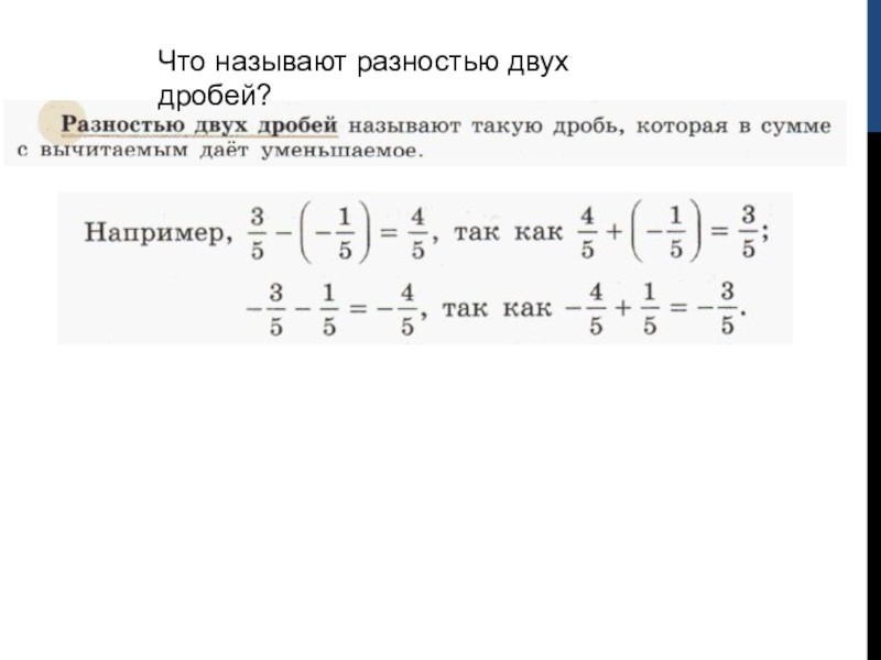 Презентация по математике 6 класса по теме Сложение и вычитание дробей Что называют разностью двух дробей? Что называют разностью двух дробей?