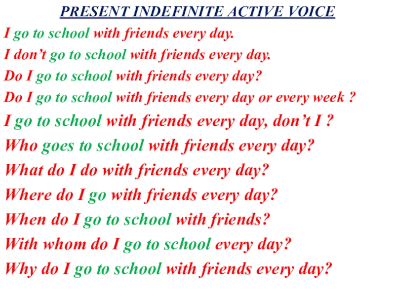 Презентация на тему PRESENT INDEFINITE ACTIVE VOICEI go to school with PRESENT INDEFINITE ACTIVE VOICEI go to school with friends every day.I don’t go to school with friends