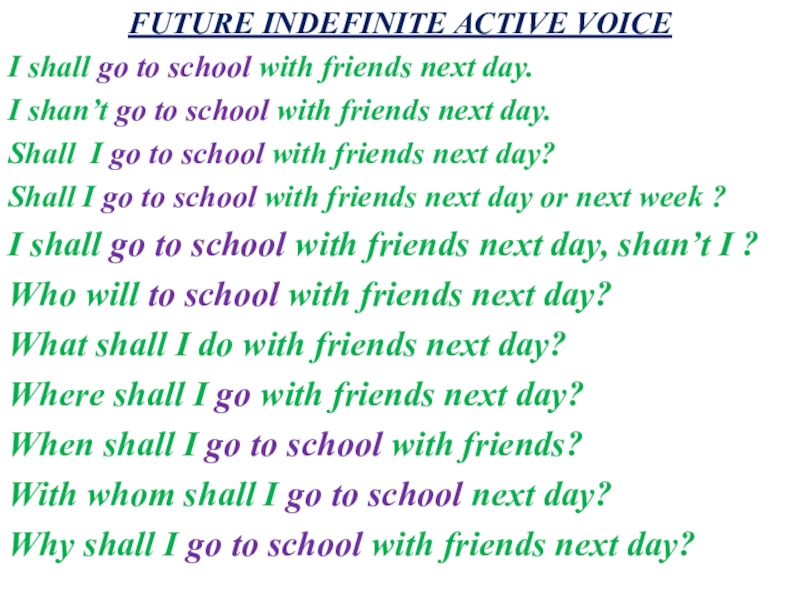 Презентация по английскому языку на тему Present, Past, Future Indefinite Tenses (7 класс) FUTURE INDEFINITE ACTIVE VOICEI shall go to school with friends next FUTURE INDEFINITE ACTIVE VOICEI shall go to school with friends next day.I shan’t go to school with