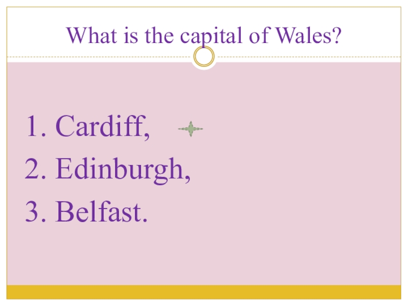 Презентация по английскому языку на тему Великобритания What is the capital of Wales?1. Cardiff,2. Edinburgh,3. Belfast. What is the capital of Wales?1. Cardiff,2. Edinburgh,3. Belfast.