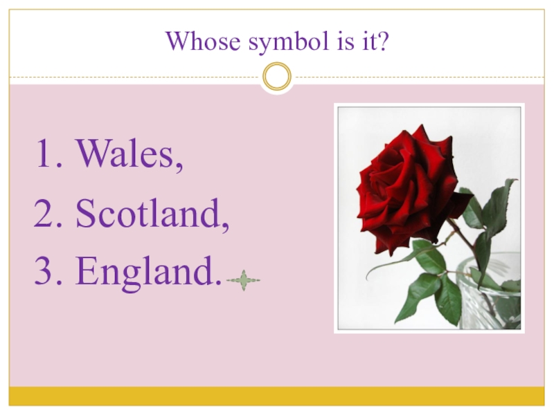 Презентация по английскому языку на тему Великобритания Whose symbol is it?1. Wales,2. Scotland,3. England. Whose symbol is it?1. Wales,2. Scotland,3. England.