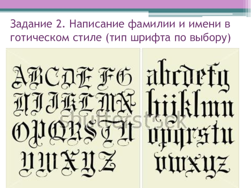 Практикум по шрифтоведению Готический шрифт Задание 2. Написание фамилии и имени в готическом стиле (тип шрифта по выбору) Задание 2. Написание фамилии и имени в готическом стиле (тип шрифта по выбору)