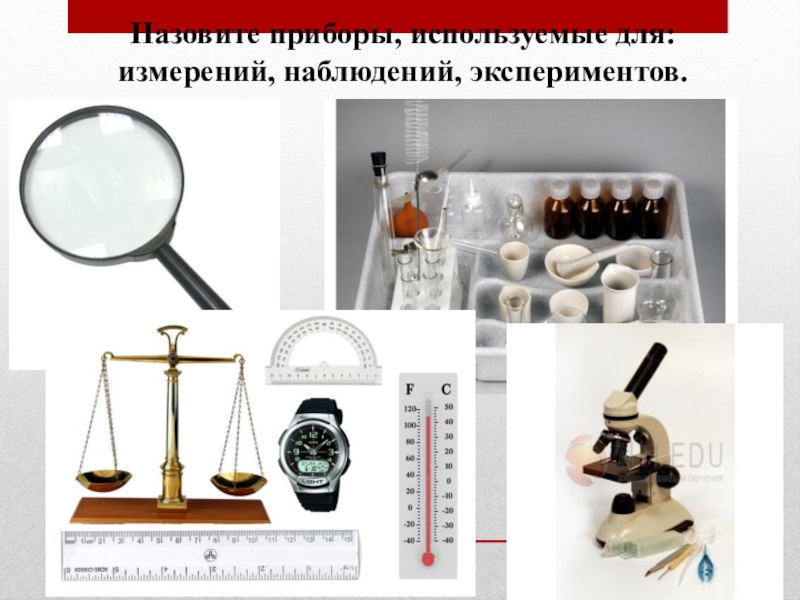 Презентация по биологии 5 класс на темуЦарства живой природы Назовите приборы, используемые для:измерений, наблюдений, экспериментов. Назовите приборы, используемые для:измерений, наблюдений, экспериментов.