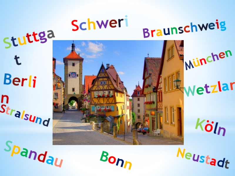 Презентация к уроку немецкого языка во втором классе SchwerinStuttgartSpandauBraunschweigNeustadtStralsundBonnMünchenKölnBerlinWetzlar SchwerinStuttgartSpandauBraunschweigNeustadtStralsundBonnMünchenKölnBerlinWetzlar