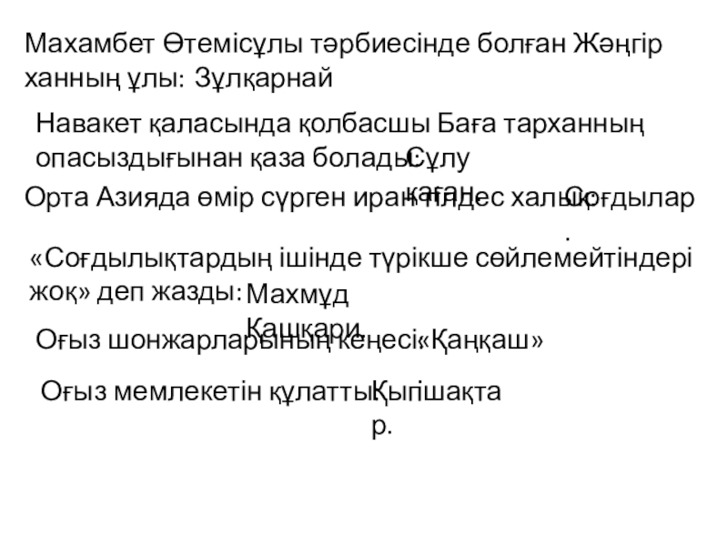 Парфия патшалығы Презентация 6 сынып Махамбет Өтемісұлы тәрбиесінде болған Жәңгір ханның ұлы:Зұлқарнай. Навакет қаласында қолбасшы Баға тарханның Махамбет Өтемісұлы тәрбиесінде болған Жәңгір ханның ұлы:Зұлқарнай. Навакет қаласында қолбасшы Баға тарханның опасыздығынан қаза болады: Сұлу қаған. Орта Азияда