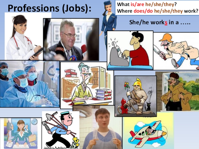 Презентация по английскому языку на тему My Future Career Professions (Jobs):What is/are he/she/they?Where does/do he/she/they work?She/he works in a ….. . Professions (Jobs):What is/are he/she/they?Where does/do he/she/they work?She/he works in a ….. .