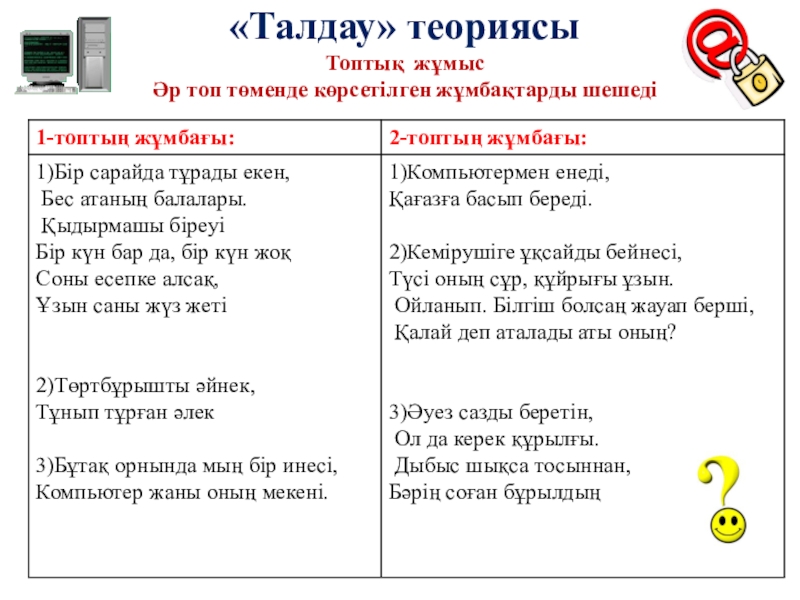 Операциялық жүйенің негізгі нысандары «Талдау» теориясы Топтық жұмыс Әр топ төменде көрсетілген жұмбақтарды шешеді «Талдау» теориясы Топтық жұмыс Әр топ төменде көрсетілген жұмбақтарды шешеді