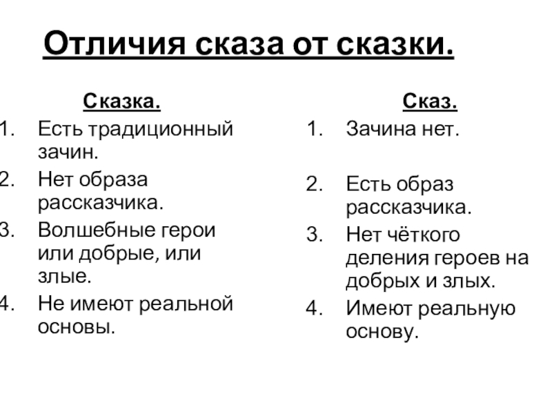 Презентация по литературе на тему П.П. Бажов Медной горы Хозяйка (5 класс) Отличия сказа от сказки.Сказка.Есть традиционный зачин.Нет образа рассказчика.Волшебные герои или добрые, Отличия сказа от сказки.Сказка.Есть традиционный зачин.Нет образа рассказчика.Волшебные герои или добрые, или злые.Не имеют реальной основы.Сказ.Зачина нет.Есть