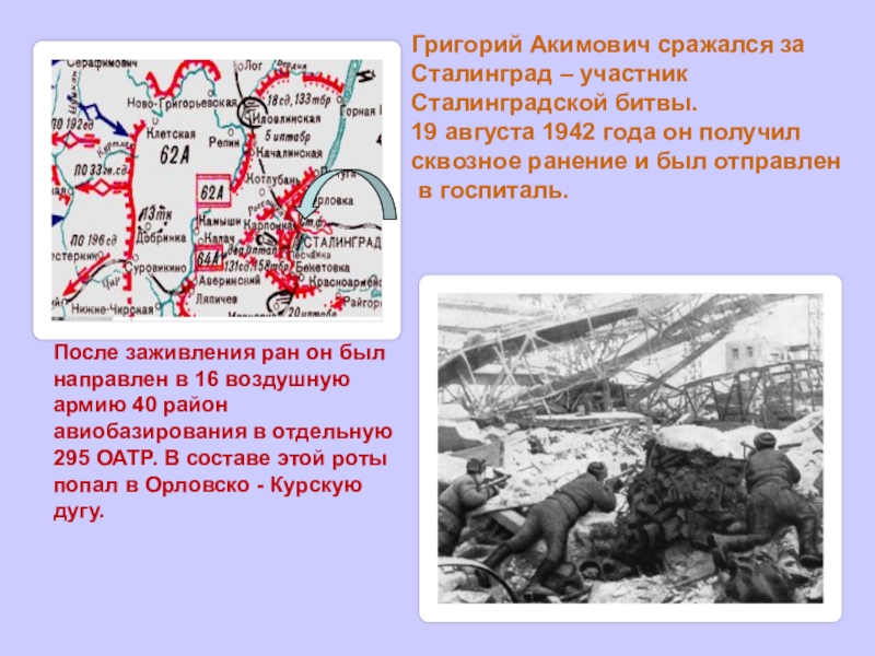 Презентация по истории Моя семья причастна к той победе Григорий Акимович сражался заСталинград – участникСталинградской битвы.19 августа 1942 года он Григорий Акимович сражался заСталинград – участникСталинградской битвы.19 августа 1942 года он получил сквозное ранение и был отправлен