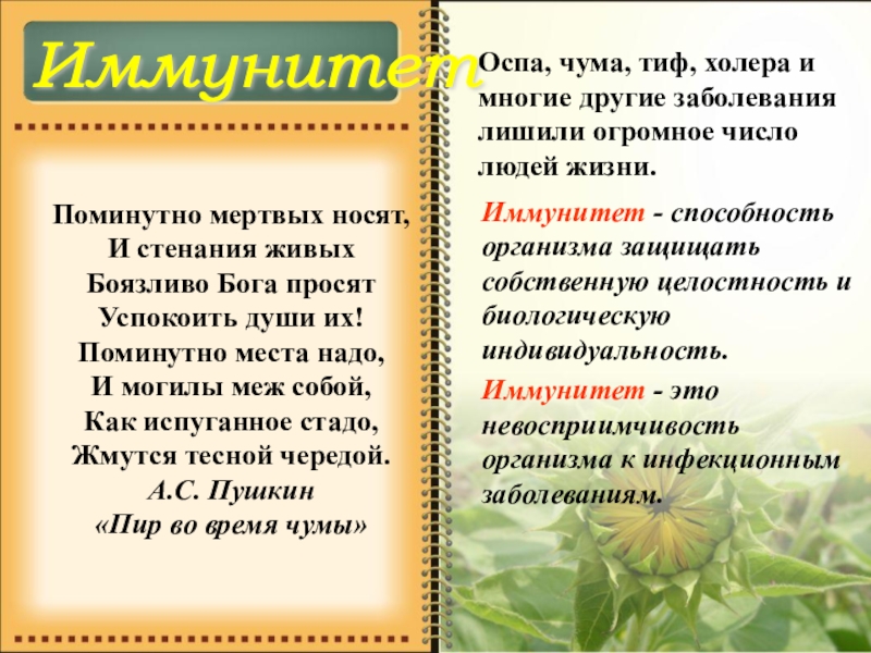 Презентация на тему Иммунитет Иммунитет - способность организма защищать собственную целостность Иммунитет Иммунитет - способность организма защищать собственную целостность и биологическую индивидуальность.Иммунитет - это невосприимчивость организма к инфекционным