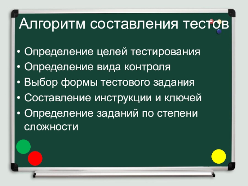 Разработка и применение диагностического материала, как средства мониторинга работы учителя Алгоритм составления тестовОпределение целей тестированияОпределение вида контроляВыбор формы тестового заданияСоставление инструкции Алгоритм составления тестовОпределение целей тестированияОпределение вида контроляВыбор формы тестового заданияСоставление инструкции и ключейОпределение заданий по степени сложности