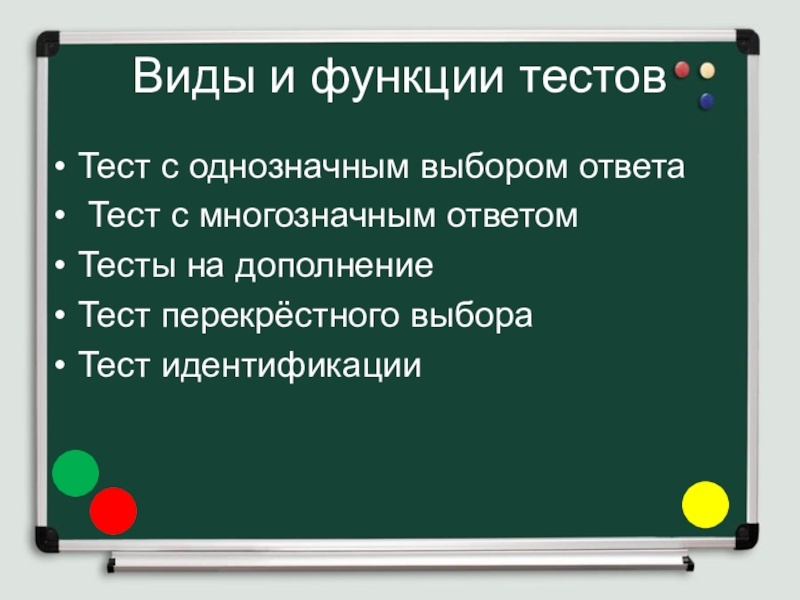 Разработка и применение диагностического материала, как средства мониторинга работы учителя Виды и функции тестовТест с однозначным выбором ответа Тест с многозначным Виды и функции тестовТест с однозначным выбором ответа Тест с многозначным ответомТесты на дополнениеТест перекрёстного выбораТест идентификации