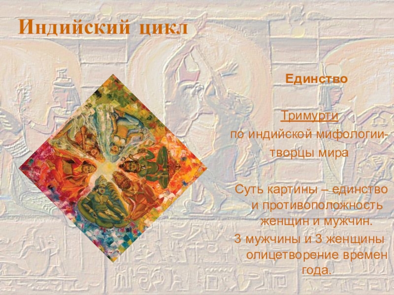 Теологическое направление Никитинская Л. Единство Тримуртипо индийской мифологии-творцы мира Суть картины – единство Единство Тримуртипо индийской мифологии-творцы мира Суть картины – единство и противоположность женщин и мужчин.3