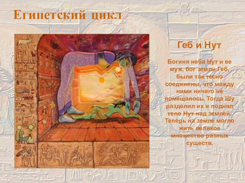 Теологическое направление Никитинская Л. Египетский циклГеб и НутБогиня неба Нут и ее муж, бог земли Египетский циклГеб и НутБогиня неба Нут и ее муж, бог земли Геб, были так тесно соединены, что