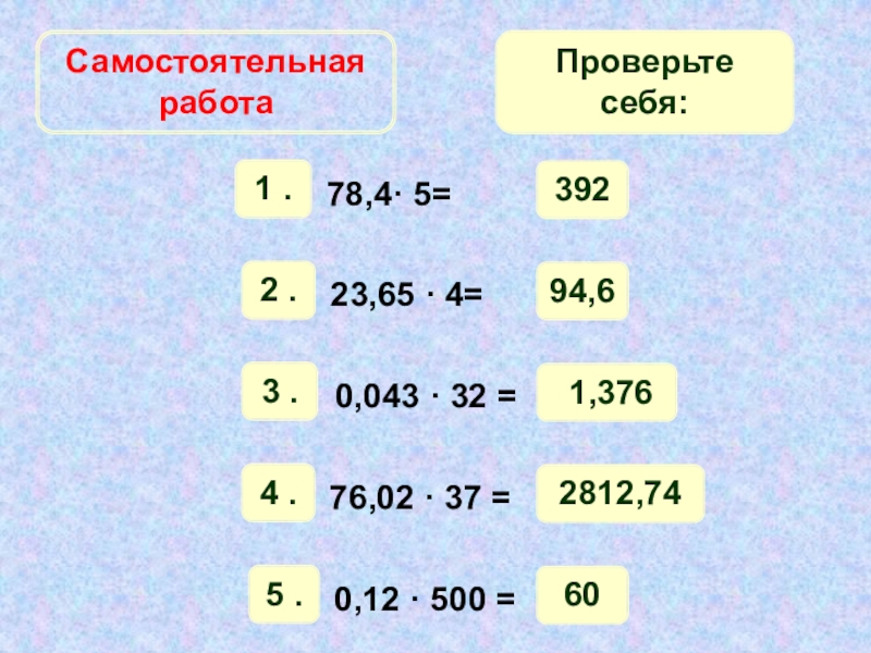Презентация по математике на тему: Умножение десятичных дробей на натуральное число (5 класс) Самостоятельная работаПроверьте себя:39294,6 1,3762812,7460 Самостоятельная работаПроверьте себя:39294,6 1,3762812,7460