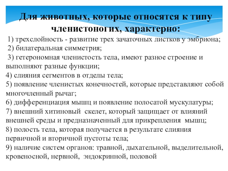 Презентация по микробиологии Медицинская арахноэнтомология. Членистоногие как переносчики возбудителей инфекций и инвазионных заболеваний человека Для животных, которые относятся к типу членистоногих, характерно: 1) трexcлойность - Для животных, которые относятся к типу членистоногих, характерно: 1) трexcлойность - развитие трех зачаточных листков у эмбриона;