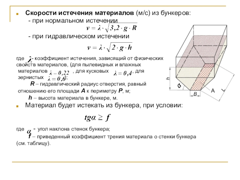 Бункера Скорости истечения материалов (м/с) из бункеров: - при нормальном истечении - при гидравлическом Скорости истечения материалов (м/с) из бункеров: - при нормальном истечении - при гидравлическом истечениигде - коэффициент истечения,