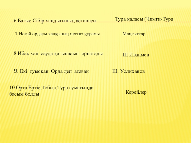Презентация по истрия на тему Абилкайыр хандыгы 8.Ибақ хан сауда қатынасын орнатады ІІІ Иванмен 9. Екі туысқан Орда 8.Ибақ хан сауда қатынасын орнатады ІІІ Иванмен 9. Екі туысқан Орда деп атаған Ш. Уәлиханов 10.Орта Ертіс,Тобыл,Тура