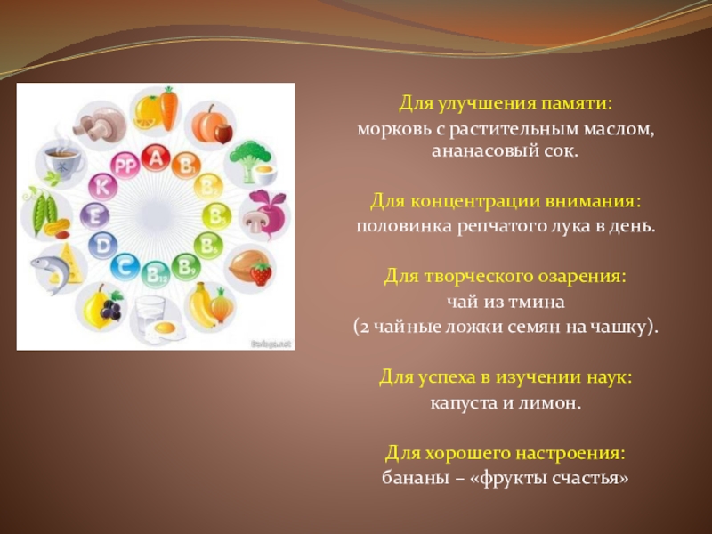 Презентация к родительскому собранию Подготовка к итоговой аттестации Для улучшения памяти:морковь с растительным маслом, ананасовый сок. Для концентрации внимания: Для улучшения памяти:морковь с растительным маслом, ананасовый сок. Для концентрации внимания: половинка репчатого лука в день. Для