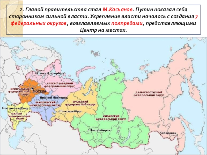 ПРЕЗЕНТАЦИЯ по истории Россия в начале 21 века 2. Главой правительства стал М.Касьянов. Путин показал себя сторонником сильной власти. 2. Главой правительства стал М.Касьянов. Путин показал себя сторонником сильной власти. Укрепление власти началось с создания 7