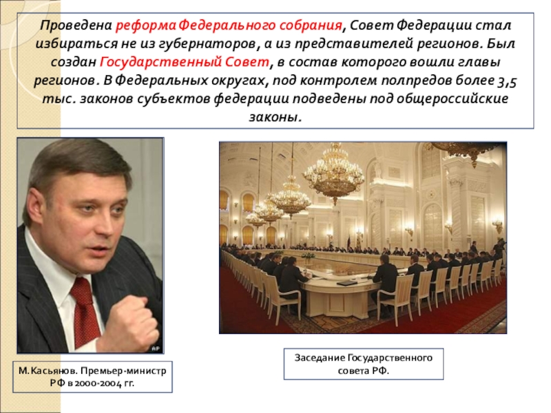 ПРЕЗЕНТАЦИЯ по истории Россия в начале 21 века Проведена реформа Федерального собрания, Совет Федерации стал избираться не из губернаторов, Проведена реформа Федерального собрания, Совет Федерации стал избираться не из губернаторов, а из представителей регионов. Был создан
