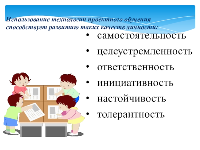 Проектная деятельность школьников как форма сотрудничества Использование технологии проектного обучения способствует развитию таких качеств личности: Использование технологии проектного обучения способствует развитию таких качеств личности: