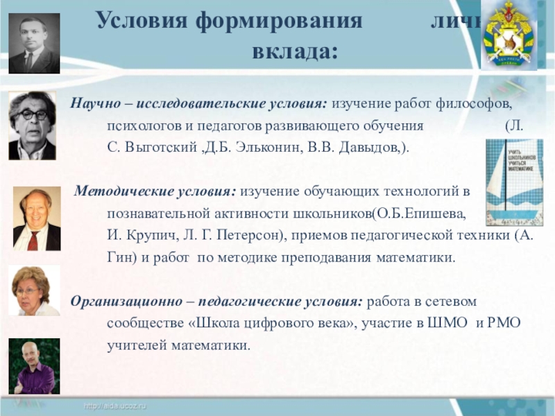 Презентация практических достижений учителя математики Условия формирования личного вклада:Научно – исследовательские условия: изучение Условия формирования личного вклада:Научно – исследовательские условия: изучение работ философов, психологов и педагогов