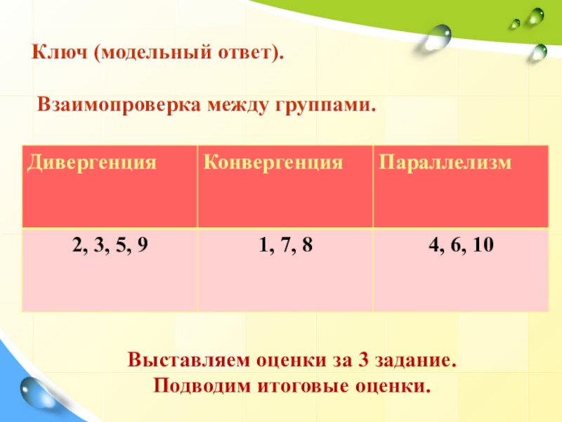 Презентация к уроку Закономерности эволюции Ключ (модельный ответ). Взаимопроверка между группами.Выставляем оценки за 3 задание. Подводим итоговые оценки. Ключ (модельный ответ). Взаимопроверка между группами.Выставляем оценки за 3 задание. Подводим итоговые оценки.