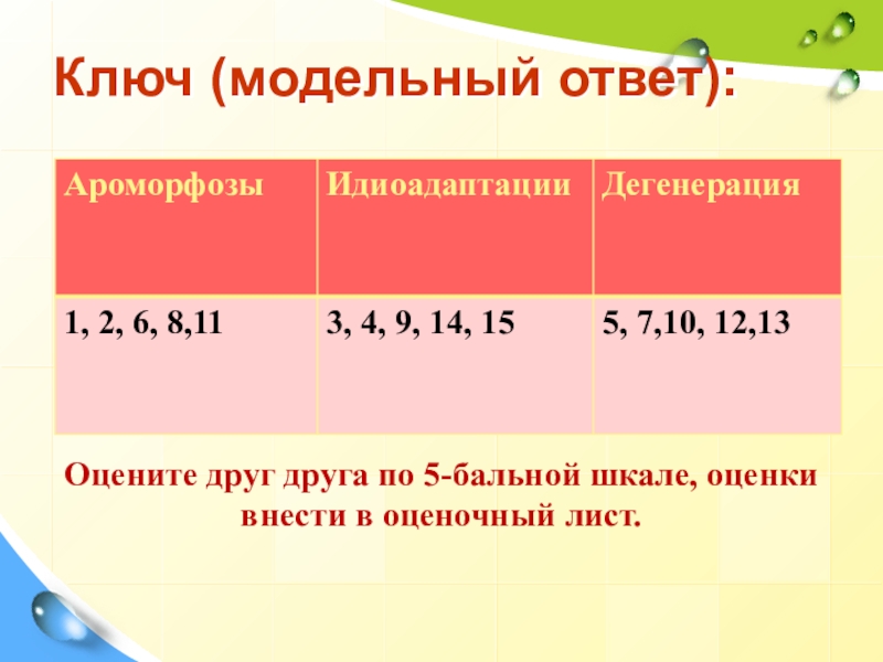 Презентация к уроку Закономерности эволюции Ключ (модельный ответ):Оцените друг друга по 5-бальной шкале, оценки внести в оценочный лист. Ключ (модельный ответ):Оцените друг друга по 5-бальной шкале, оценки внести в оценочный лист.