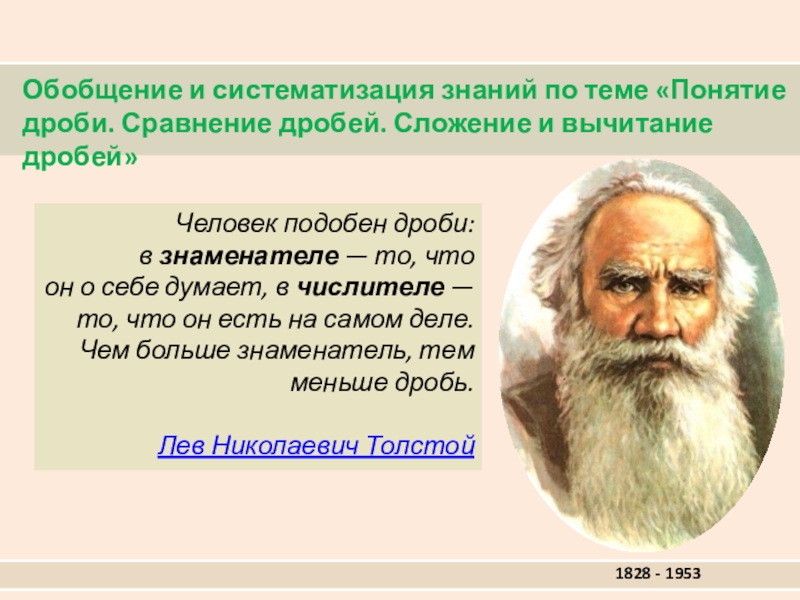 Понятие дроби. Сравнение дробей. Сложение и вычитание дробей 5 класс 1828 - 1953Обобщение и систематизация знаний по теме «Понятие дроби. Сравнение 1828 - 1953Обобщение и систематизация знаний по теме «Понятие дроби. Сравнение дробей. Сложение и вычитание дробей»Человек подобен
