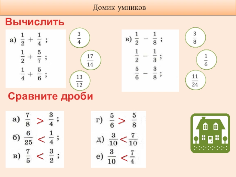 Понятие дроби. Сравнение дробей. Сложение и вычитание дробей 5 класс Домик умниковВычислить Сравните дроби Домик умниковВычислить Сравните дроби