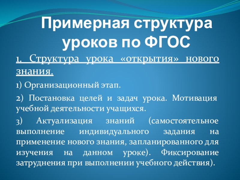 Уроки русского языка и литературы в условиях ФГОС Примерная структура уроков по ФГОС1. Структура урока «открытия» нового знания.1) Организационный Примерная структура уроков по ФГОС1. Структура урока «открытия» нового знания.1) Организационный этап.2) Постановка целей и задач урока.