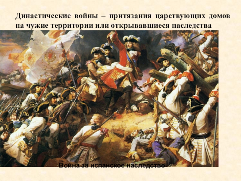 Презентация урока истории Европейское равновесие. XVII - XVIII вв. 10 класс Династические войны – притязания царствующих домов на чужие территории или открывавшиеся наследстваВойна за испанское наследство Династические войны – притязания царствующих домов на чужие территории или открывавшиеся наследстваВойна за испанское наследство