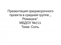 Презентация среднесрочного проекта в средней группе ,,Ромашка”. МБДОУ №213. Тема: Соль.