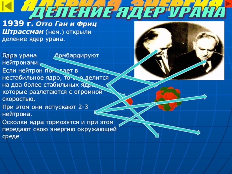 Строение атома, использование атомной энергии ЯДЕРНАЯ ЭНЕРГИЯ1939 г. Отто Ган и Фриц Штрассман (нем.) открыли деление ЯДЕРНАЯ ЭНЕРГИЯ1939 г. Отто Ган и Фриц Штрассман (нем.) открыли деление ядер урана. Ядра урана