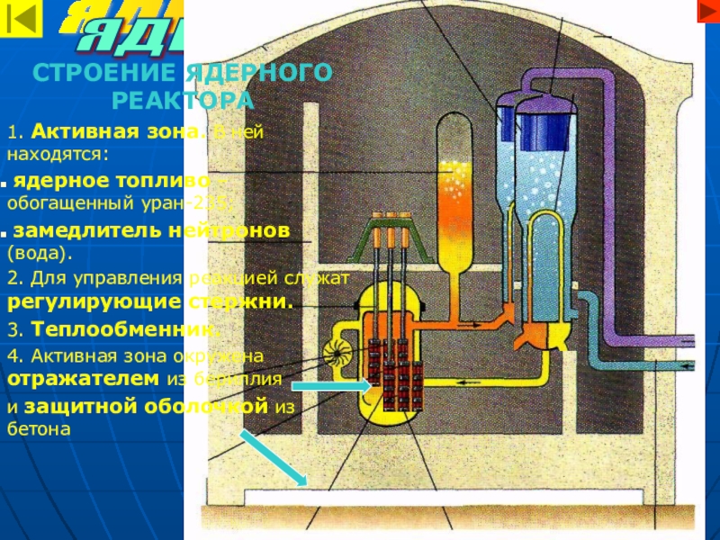 Строение атома, использование атомной энергии ЯДЕРНАЯ ЭНЕРГИЯЯДЕРНЫЙ РЕАКТОРСТРОЕНИЕ ЯДЕРНОГО РЕАКТОРА1. Активная зона. В ней находятся: ядерное ЯДЕРНАЯ ЭНЕРГИЯЯДЕРНЫЙ РЕАКТОРСТРОЕНИЕ ЯДЕРНОГО РЕАКТОРА1. Активная зона. В ней находятся: ядерное топливо – обогащенный уран-235; замедлитель нейтронов