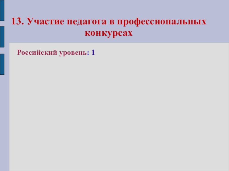 Презентация Представление педагога 13. Участие педагога в профессиональных конкурсахРоссийский уровень: 1 13. Участие педагога в профессиональных конкурсахРоссийский уровень: 1