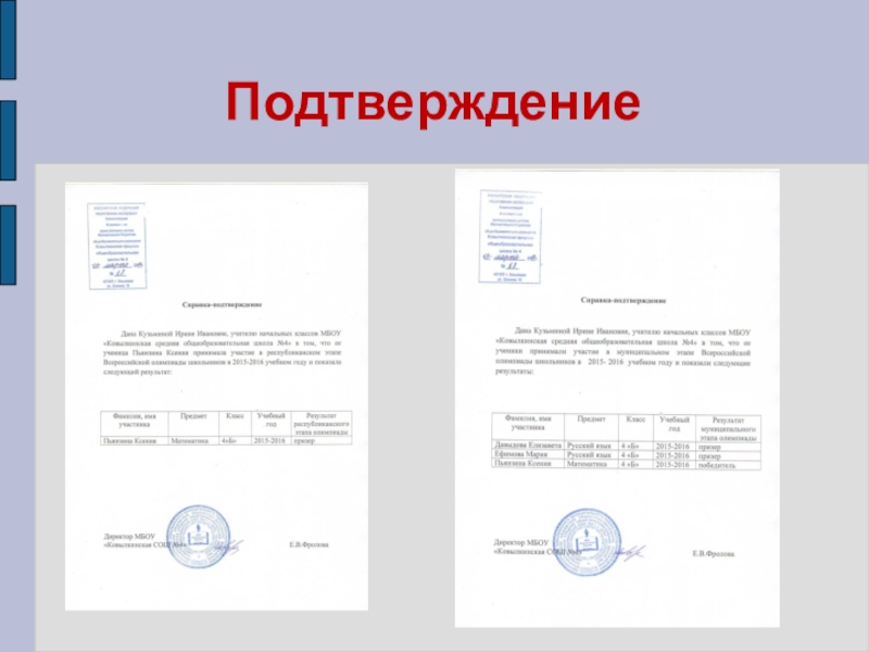 Презентация Представление педагога Подтверждение Подтверждение
