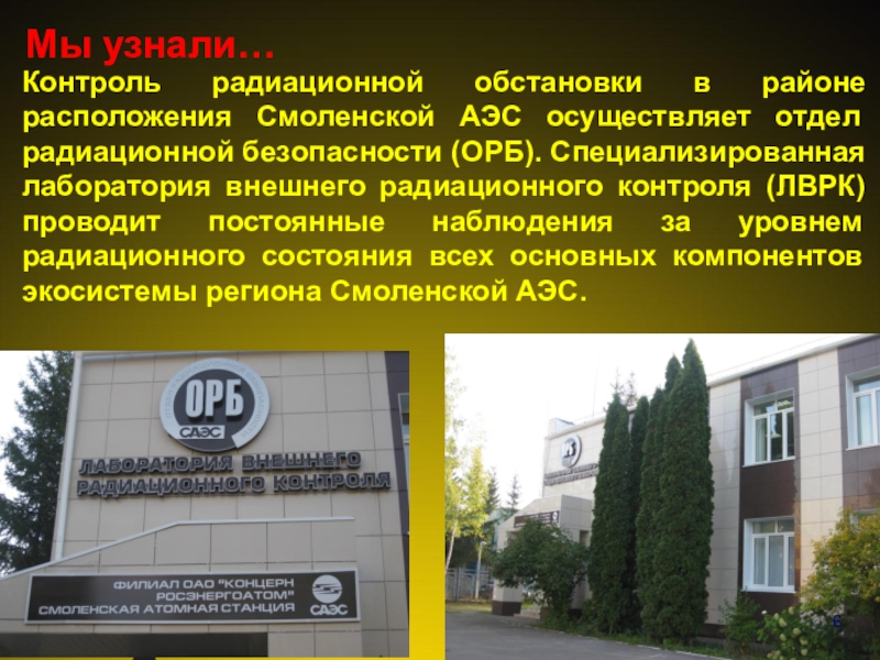 Презентация проект Юные экологи Мы узнали…Контроль радиационной обстановки в районе расположения Смоленской АЭС осуществляет отдел Мы узнали…Контроль радиационной обстановки в районе расположения Смоленской АЭС осуществляет отдел радиационной безопасности (ОРБ). Специализированная лаборатория внешнего