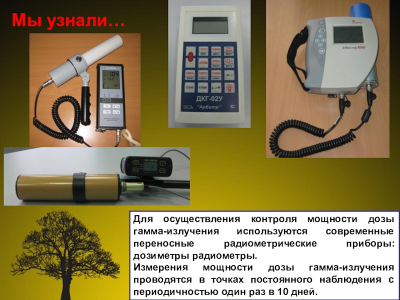 Презентация проект Юные экологи Мы узнали…Для осуществления контроля мощности дозы гамма-излучения используются современные переносные радиометрические Мы узнали…Для осуществления контроля мощности дозы гамма-излучения используются современные переносные радиометрические приборы: дозиметры радиометры.Измерения мощности дозы гамма-излучения