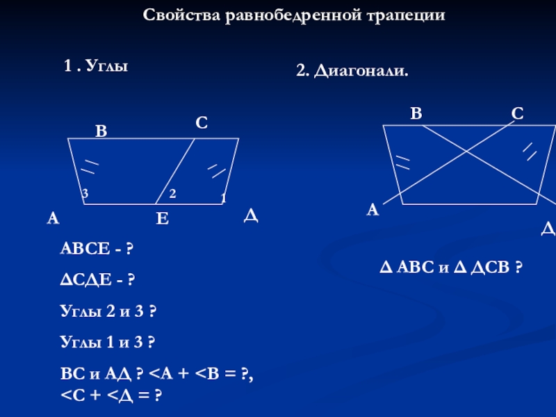 Презентация по геометрии 8 класс Свойства трапеции. Теорема Фалеса Свойства равнобедренной трапеции1 . Углы2. Диагонали.АВСДЕАВСЕ - ?ΔСДЕ - ?Углы 2 Свойства равнобедренной трапеции1 . Углы2. Диагонали.АВСДЕАВСЕ - ?ΔСДЕ - ?Углы 2 и 3 ?Углы 1 и 3